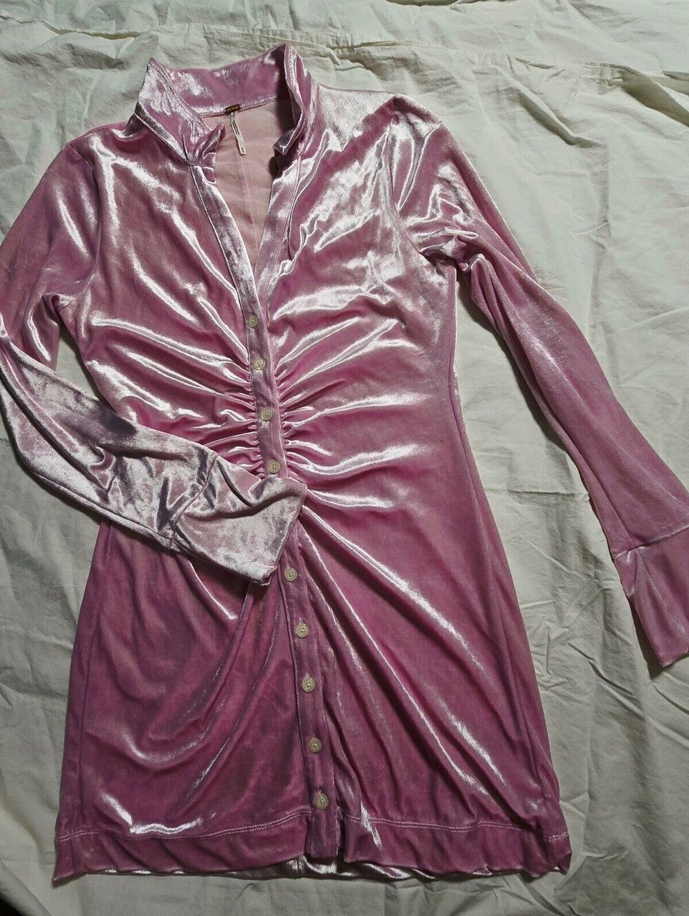 Free People Pink Velvet Button-Up Dress Medium